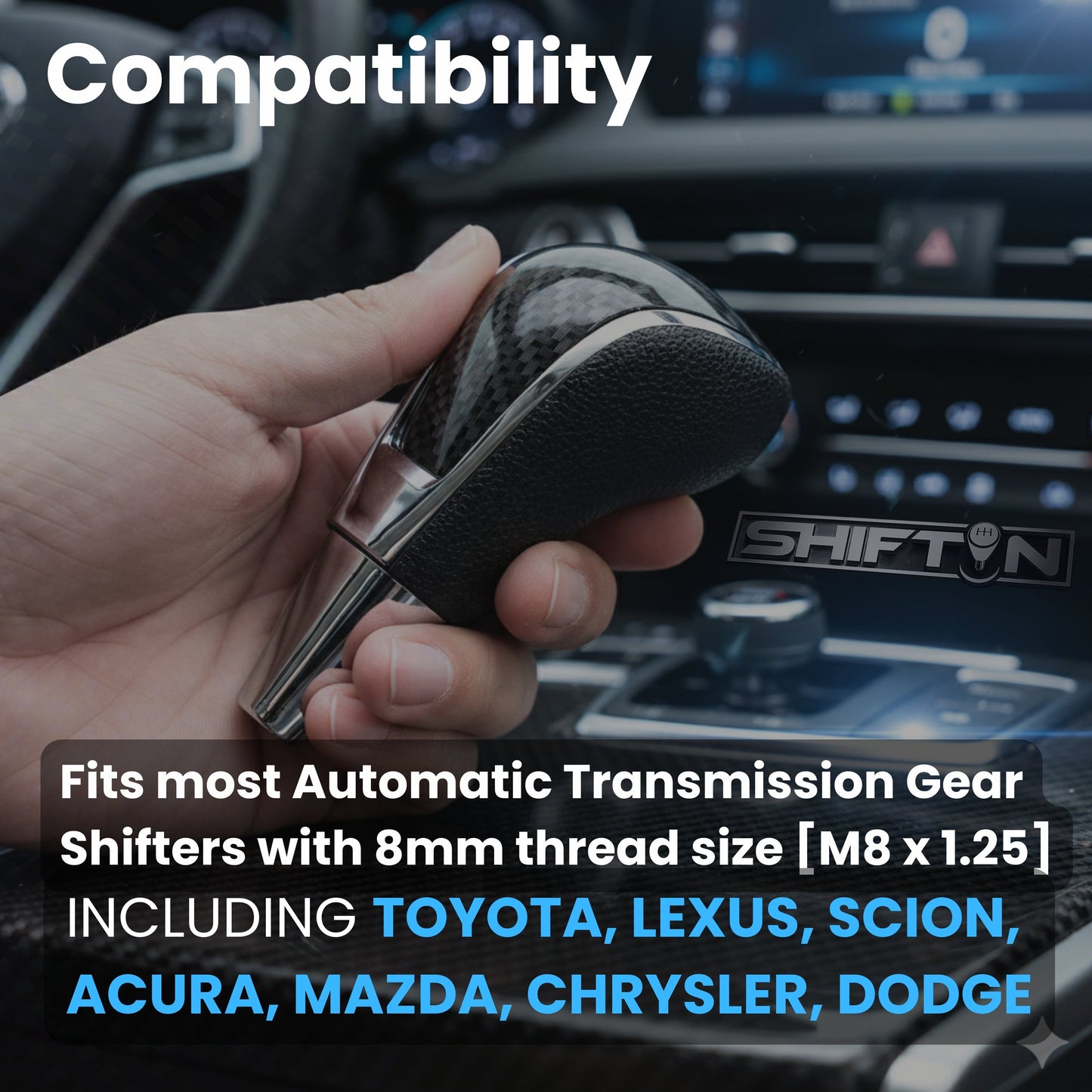 Replacement Gear Shift Knob for Toyota Lexus Scion Acura Mazda Chrysler Dodge with 8mm M8 Shifter in Black / Carbon Fiber