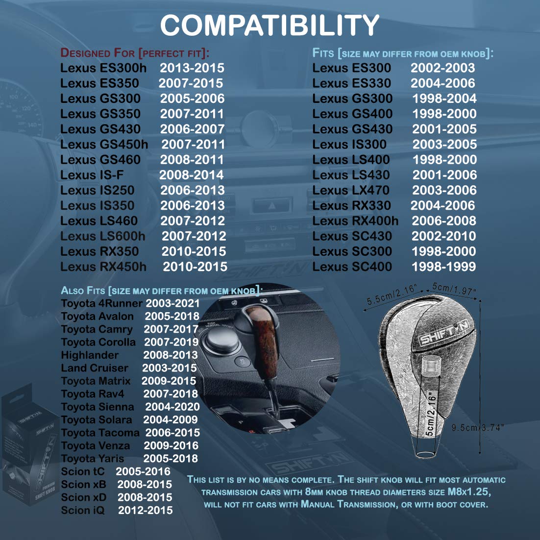 SHIFTIN Gear Shift Knob for Lexus ES300h ES350 GS300 GS350 GS430 GS450h GS460 IS250 IS300 IS350 LS460 LS600h RX350 RX450h - RBCR