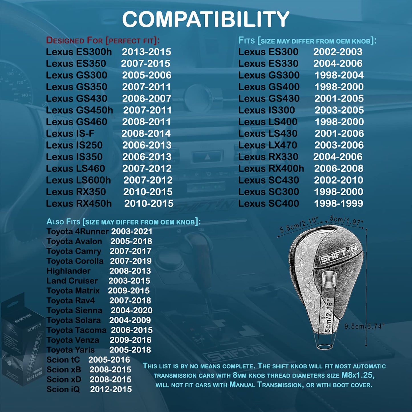 SHIFTIN Gear Shift Knob for Lexus ES300h ES350 GS300 GS350 GS430 GS450h GS460 IS250 IS300 IS350 LS460 LS600h RX350 RX450h - RBPBp