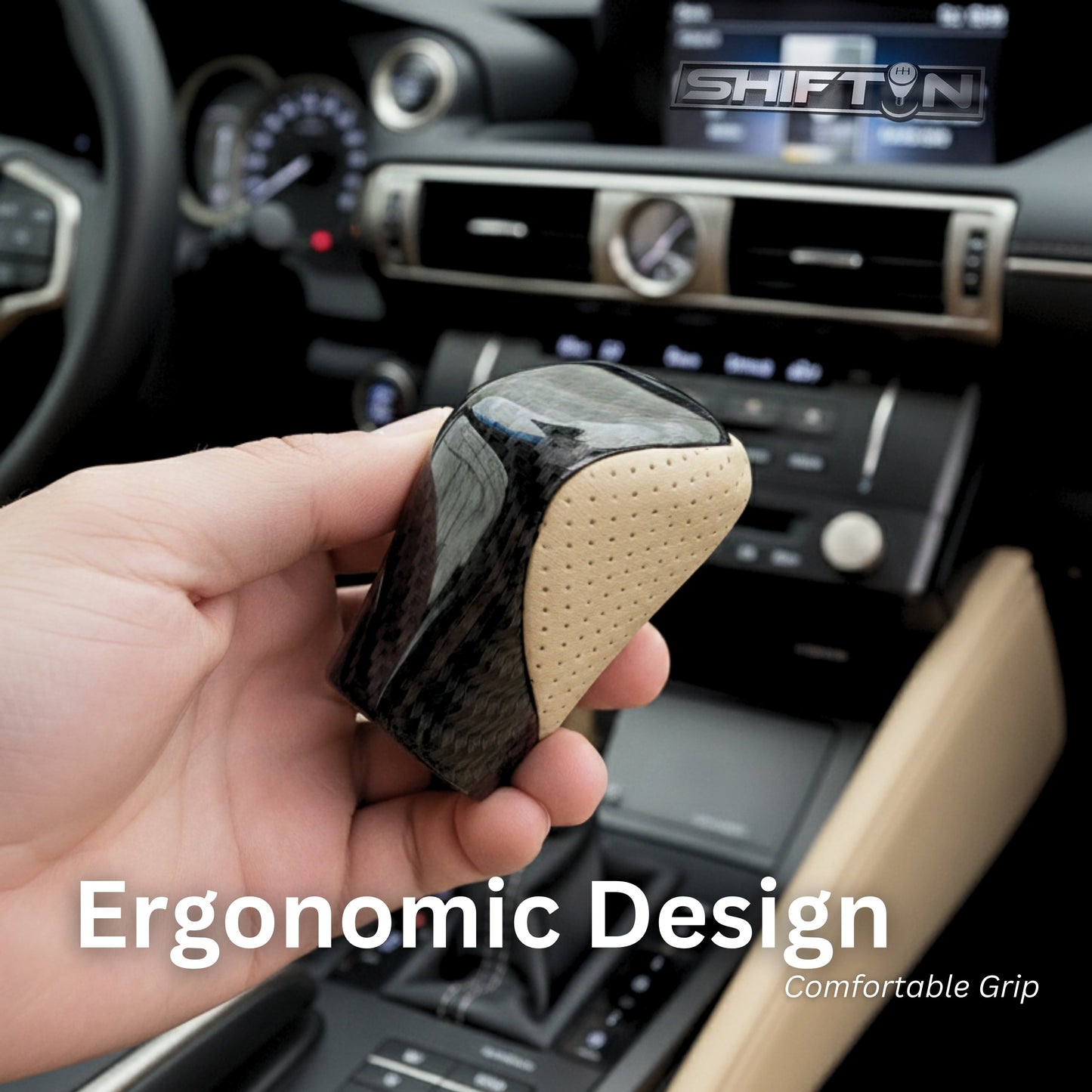 Gear Shift Knob Shifter for Lexus ES GS GX is NX RC RX 200t 300 350 3450h 450hL 350L (Beige Ivory Leather/Carbon Pattern)