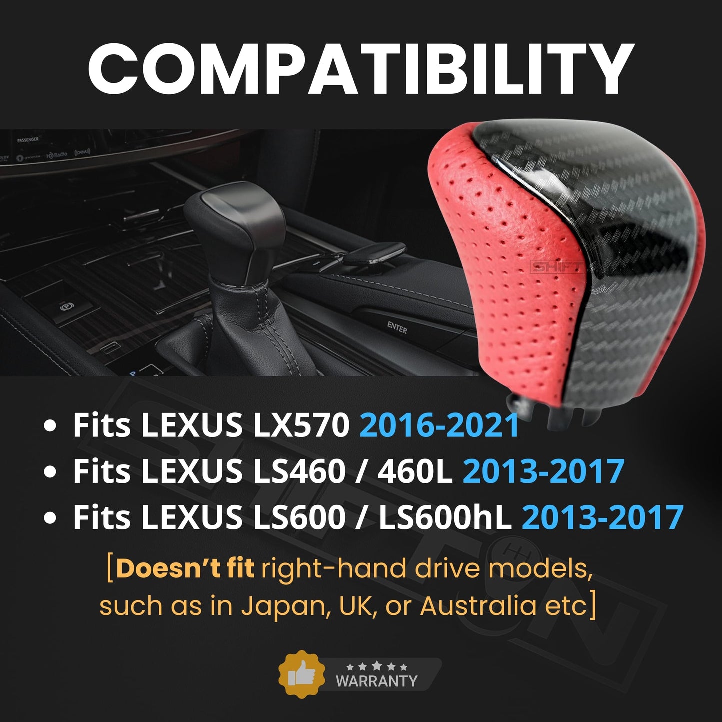 SHIFTIN Leather & Carbon Fiber Gear Shift Knob for Lexus LS460 F - Sport LS - 460 - L LS600 LS - 600h - L and Lexus LX570 LX 570 - MRZp