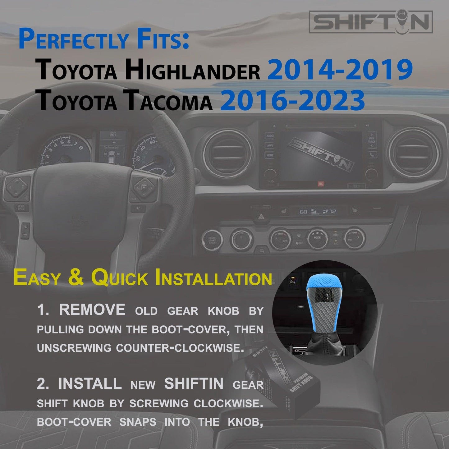 SHIFTIN-Replacement-Gear-Shift-Knob-Shifter-Accessory-for-Toyota-Highlander-2014-2019-Tacoma-2016-2023-Blue-Leather-Carbon-Fiber