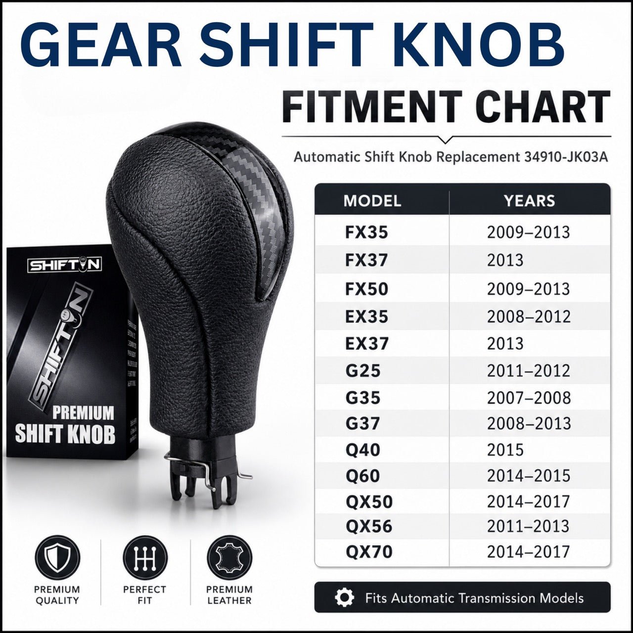 Gear Shift Knob for Infiniti EX35 FX35 FX50 G35 G37 Q60 QX50 QX56 QX70, for OEM Part 34910-JK03A 1LA6C - IFBZZ