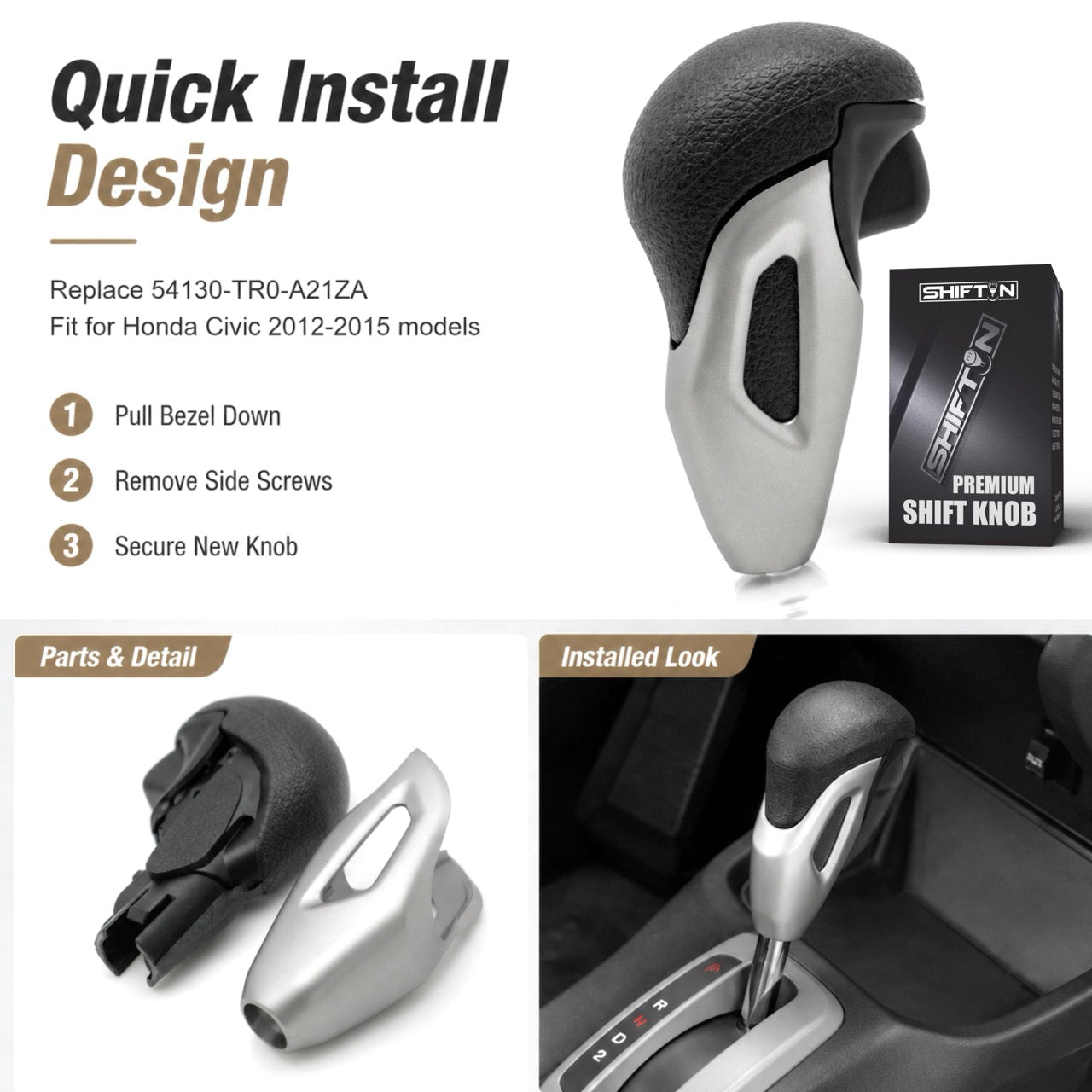 Replacement Gear Shift Knob for Honda Civic 2012-2015, For OEM Part 54130-TR0-A21ZA - HC-1215B