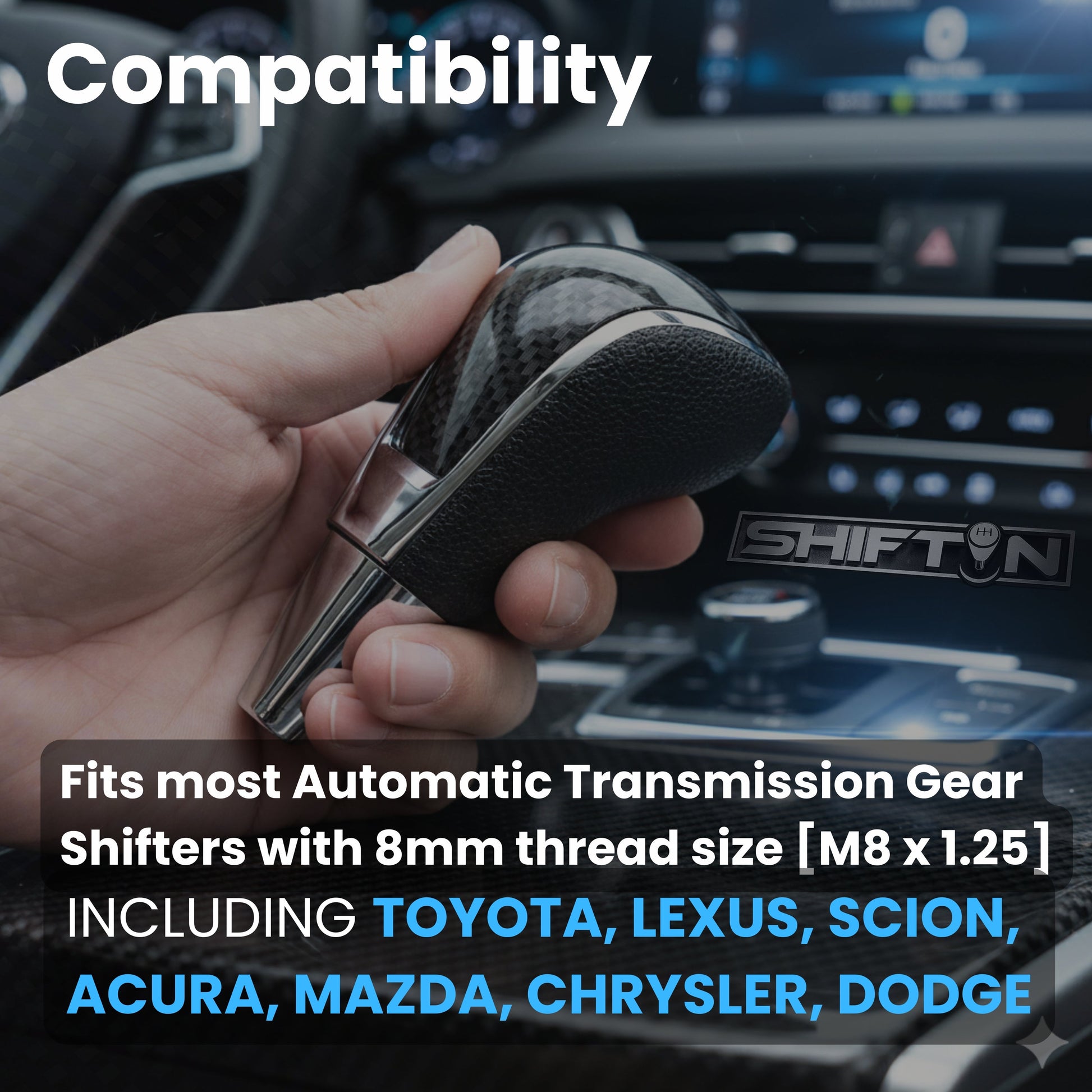 Replacement Gear Shift Knob for Toyota Lexus Scion Acura Mazda Chrysler Dodge with 8mm M8 Shifter in Black / Carbon Fiber