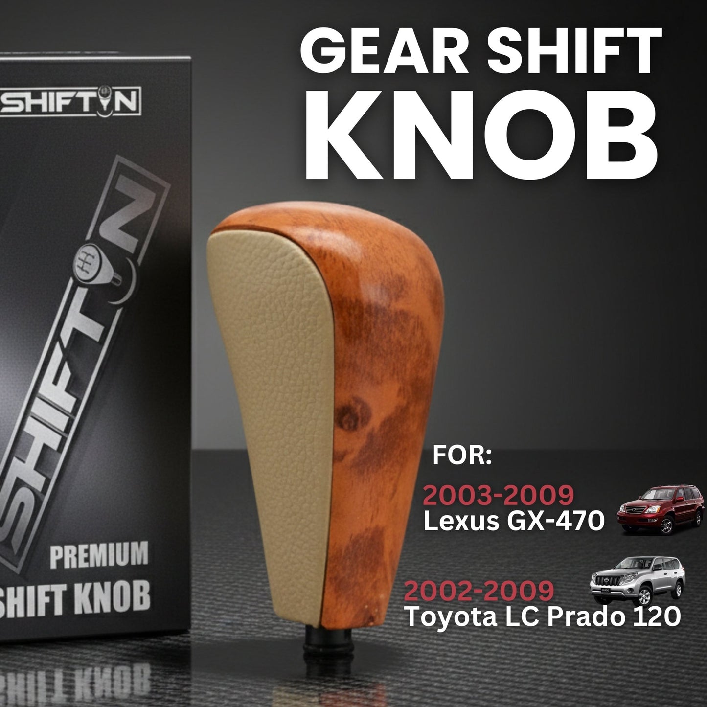 SHIFTIN Replacement Gear Shift Knob Shifter for Lexus GX470 2003 - 2009 UZJ12 and for Toyota Land Cruiser Prado 120 2002 - 2009 (Black Leather/Piano Black) - LXT16