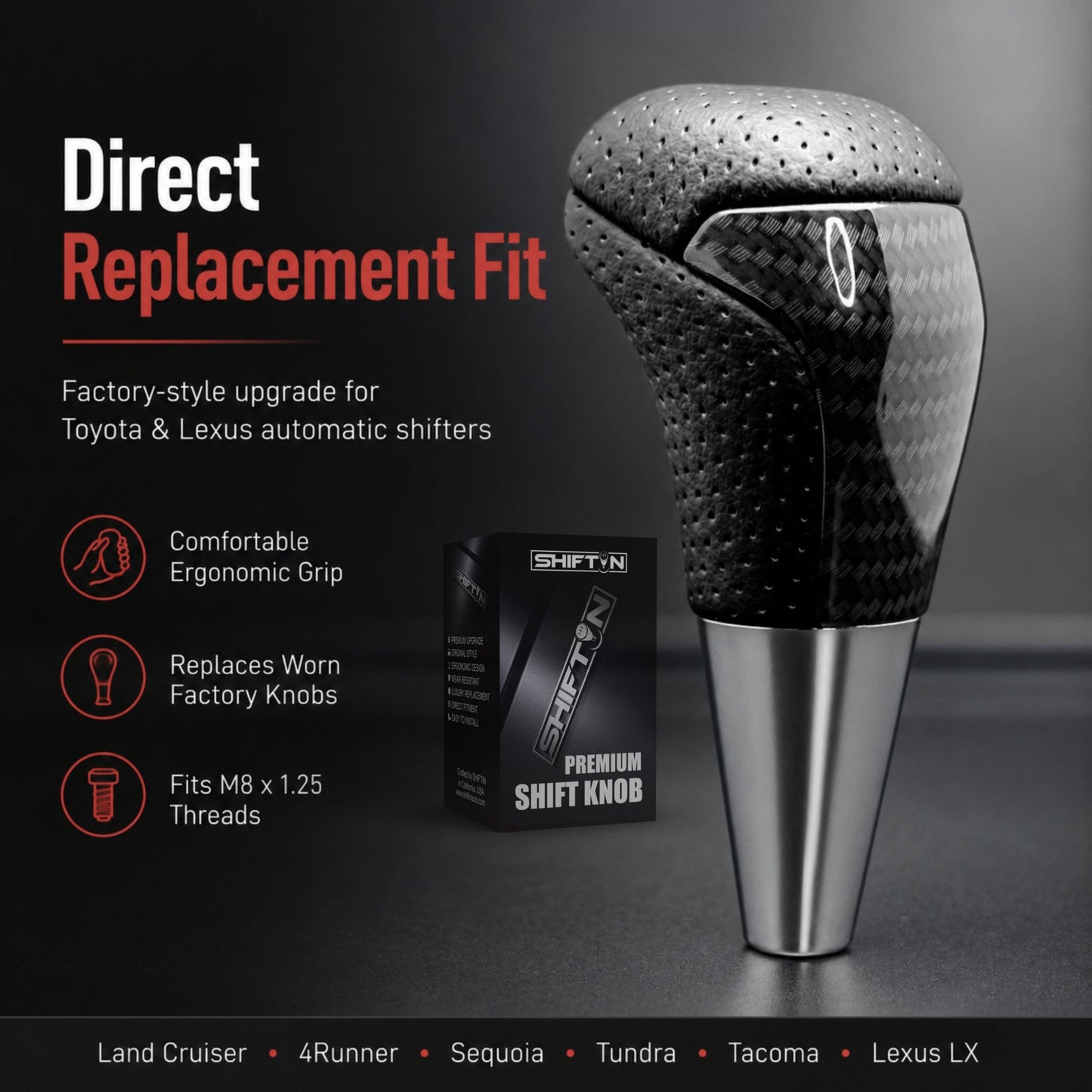 SHIFTIN-Car-Gear-Shift-Knob-Gearbox-Shifter-Head-for-Toyota-Land-Cruiser-FJ-4Runner-Sequoia-Tundra-Tacoma-Highlander-Fortuner-Hilux-Rav4-Prius-C-Lexus-LX-SUVs-Black-Leather-Carbon