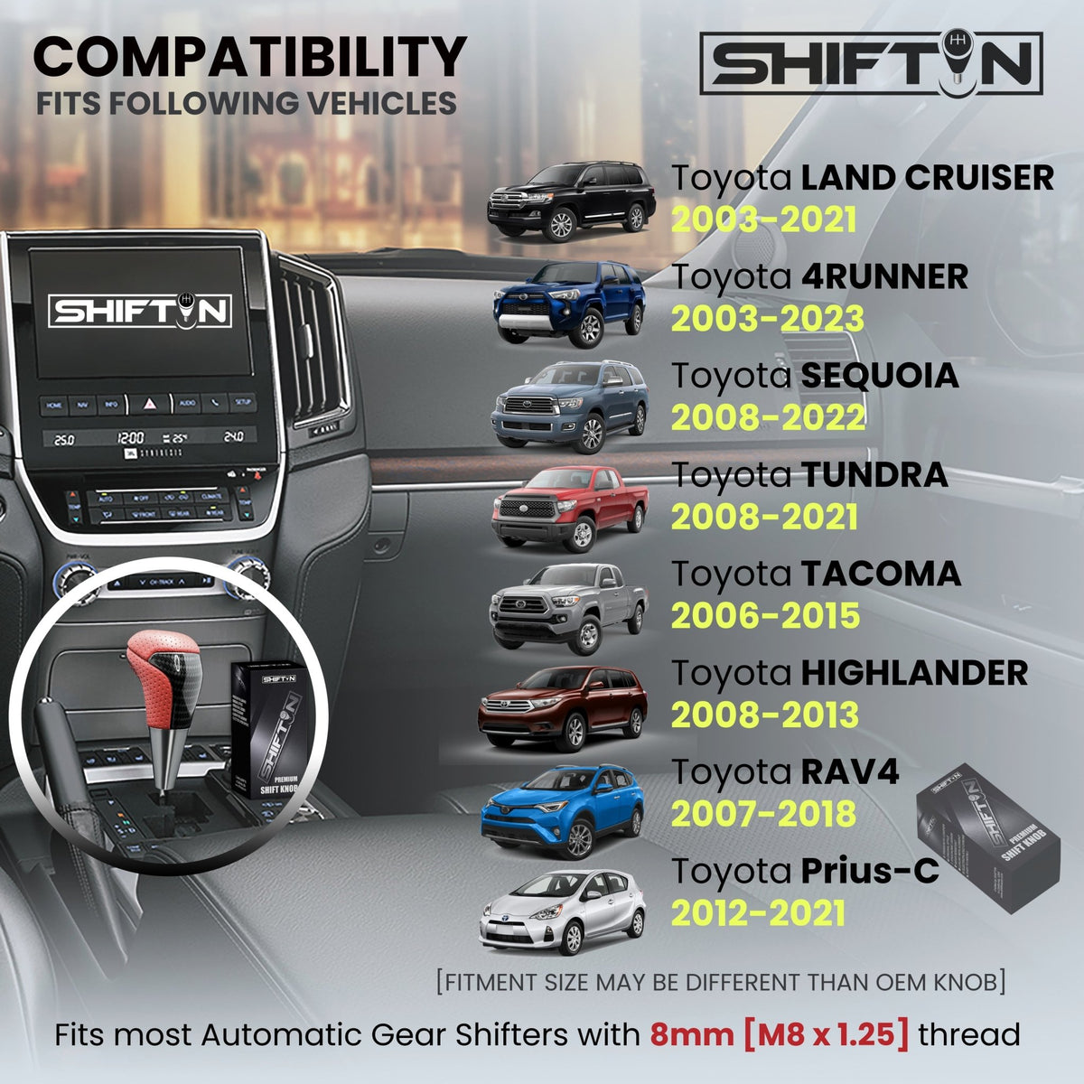 SHIFTIN-Car-Gear-Shift-Knob-Gearbox-Shifter-Head-for-Toyota-Land-Cruiser-FJ-4Runner-Sequoia-Tundra-Tacoma-Highlander-Fortuner-Hilux-Rav4-Prius-C-Lexus-LX-SUVs-Red-Leather-Carbon