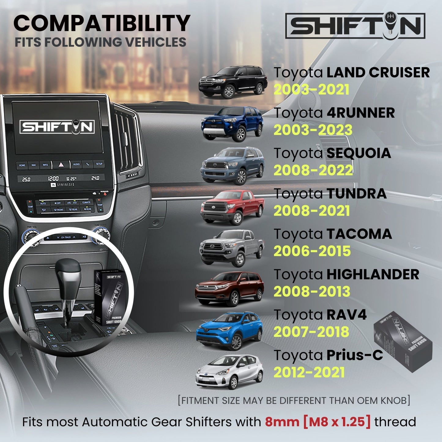 SHIFTIN-Car-Gear-Shift-Knob-Gearbox-Shifter-Head-for-Toyota-Land-Cruiser-FJ-4Runner-Sequoia-Tundra-Tacoma-Highlander-Fortuner-Hilux-Rav4-Prius-C-Lexus-LX-SUVs-Black-Leather-Gray