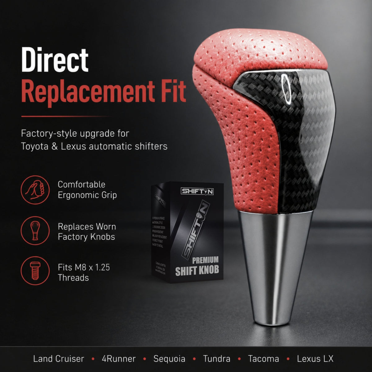 SHIFTIN-Car-Gear-Shift-Knob-Gearbox-Shifter-Head-for-Toyota-Land-Cruiser-FJ-4Runner-Sequoia-Tundra-Tacoma-Highlander-Fortuner-Hilux-Rav4-Prius-C-Lexus-LX-SUVs-Red-Leather-Carbon