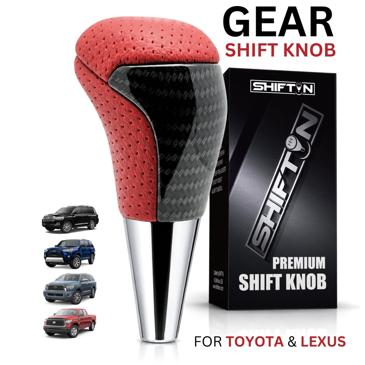 SHIFTIN-Car-Gear-Shift-Knob-Gearbox-Shifter-Head-for-Toyota-Land-Cruiser-FJ-4Runner-Sequoia-Tundra-Tacoma-Highlander-Fortuner-Hilux-Rav4-Prius-C-Lexus-LX-SUVs-Red-Leather-Carbon