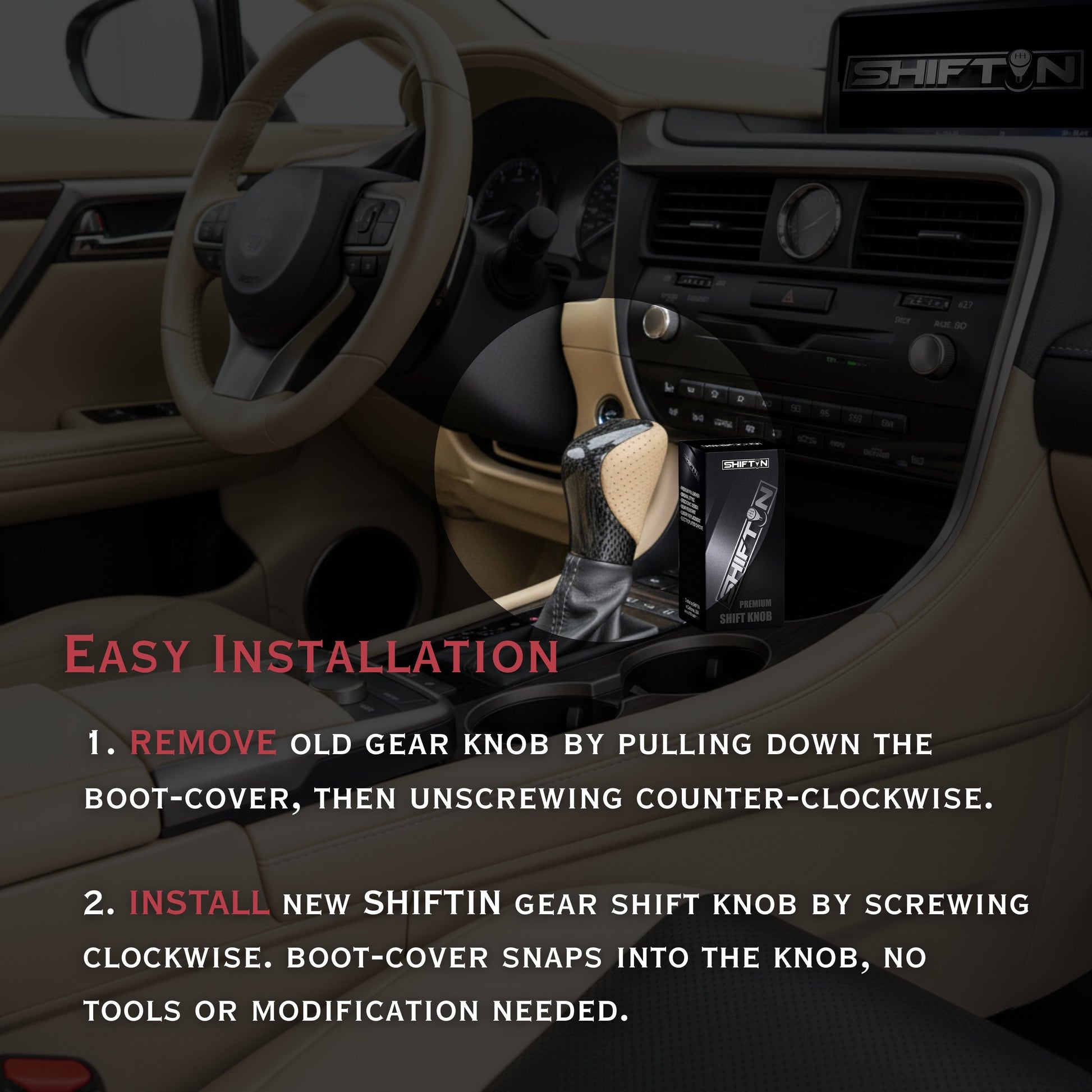 Gear Shift Knob Shifter for Lexus ES GS GX is NX RC RX 200t 300 350 3450h 450hL 350L (Beige Ivory Leather/Carbon Pattern)