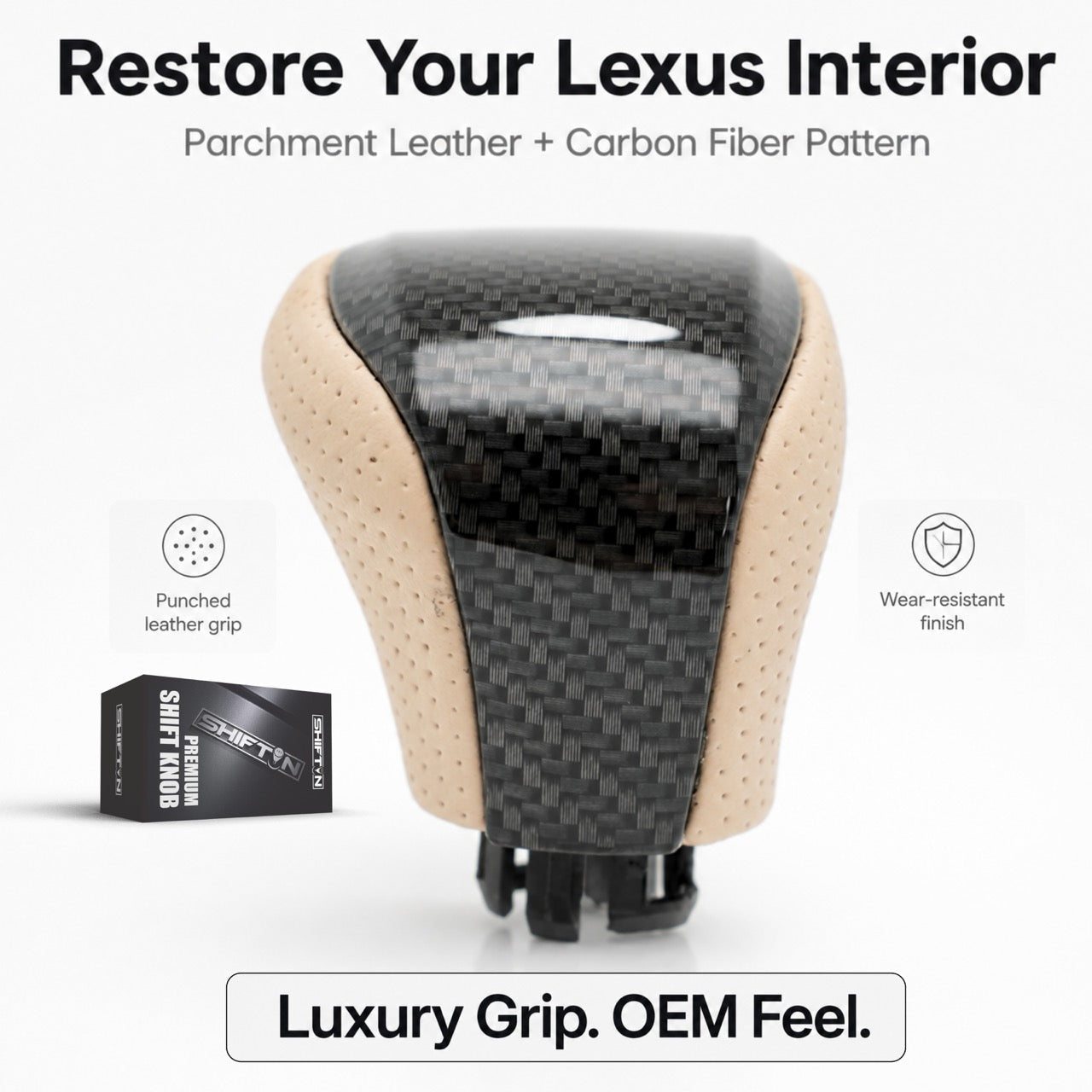 SHIFTIN Leather & Carbon Fiber Gear Shift Knob for Lexus LS460 F-Sport LS-460-L LS600 LS-600h-L and Lexus LX570 LX 570 - MTZZ