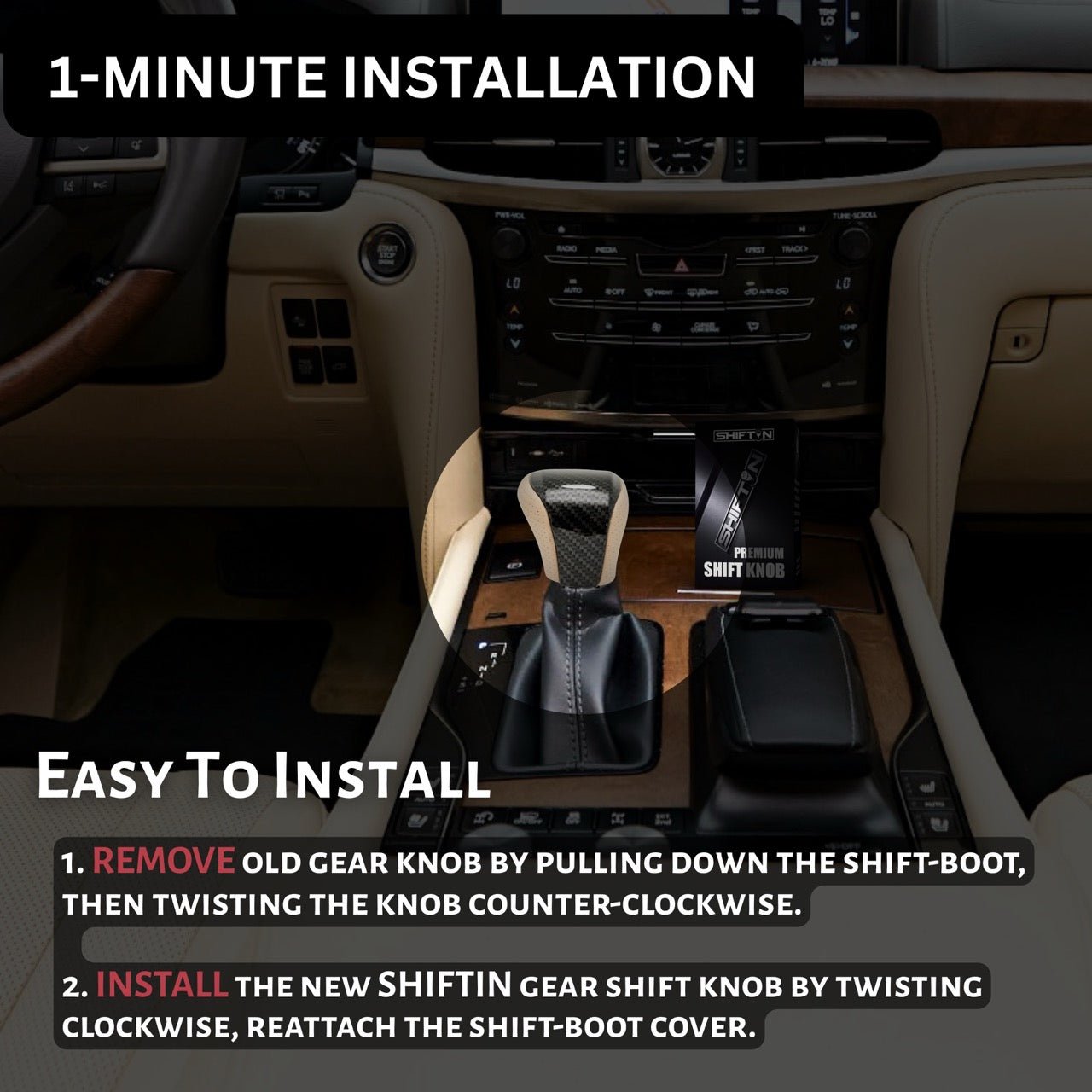 SHIFTIN Leather & Carbon Fiber Gear Shift Knob for Lexus LS460 F-Sport LS-460-L LS600 LS-600h-L and Lexus LX570 LX 570 - MTZZ