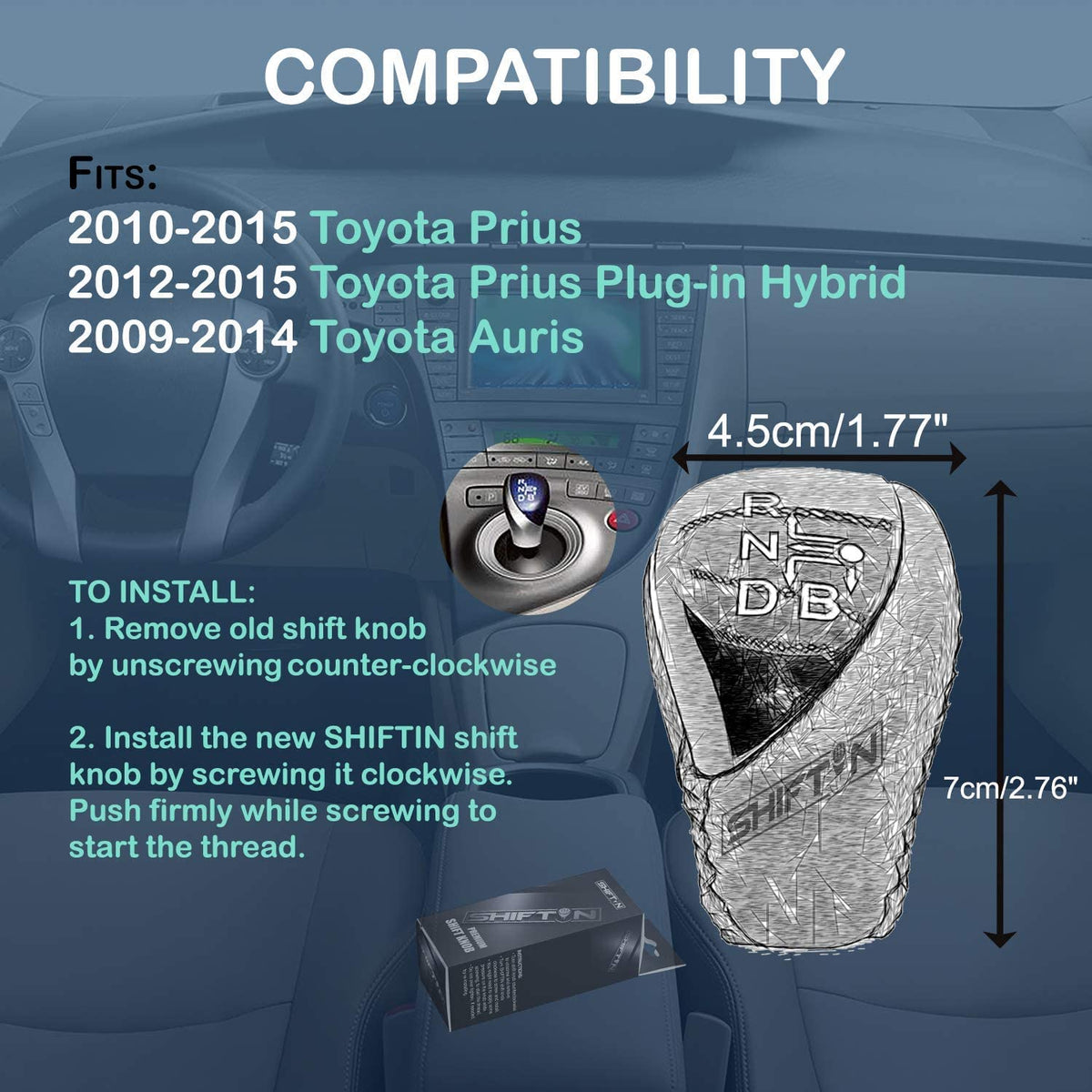 SHIFTIN Premium Replacement Gear Shift Knob Shifter for Toyota Prius Auris Prius Plug-in Hybrid - Carbon Fiber