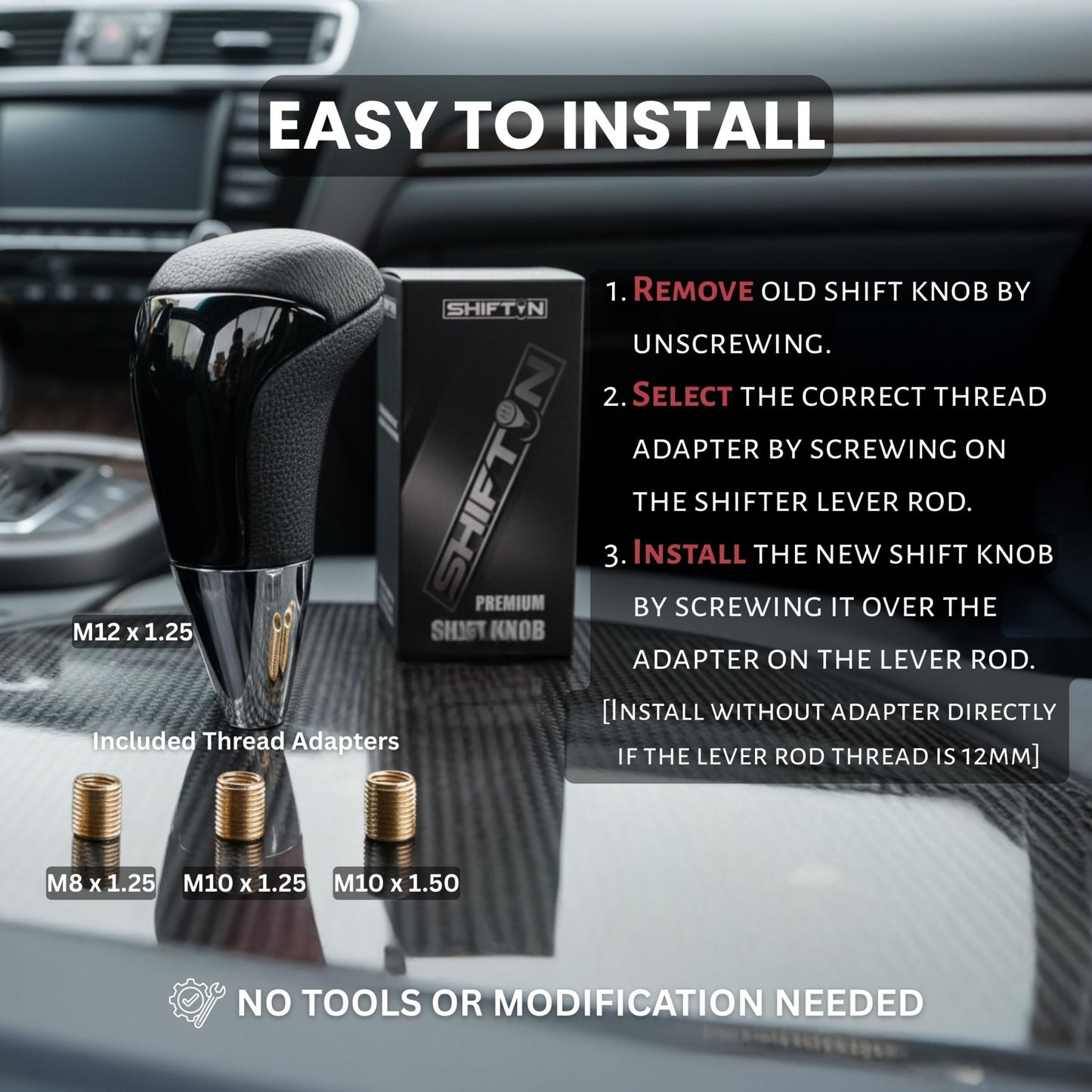 SHIFTIN Universal Gear Shift Knob for Automatic Manual Stick Shifter Cars, with M8 M10 M12 Thread Adapters, Fits Toyota Acura Scion Mazda Subaru Nissan Infiniti - ZBPB
