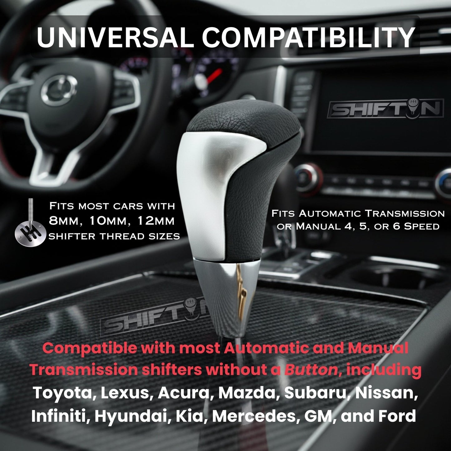 SHIFTIN Universal Gear Shift Knob for Automatic Manual Stick Shifter Cars, with M8 M10 M12 Thread Adapters, Fits Toyota Acura Scion Mazda Subaru Nissan Infiniti - ZBSL