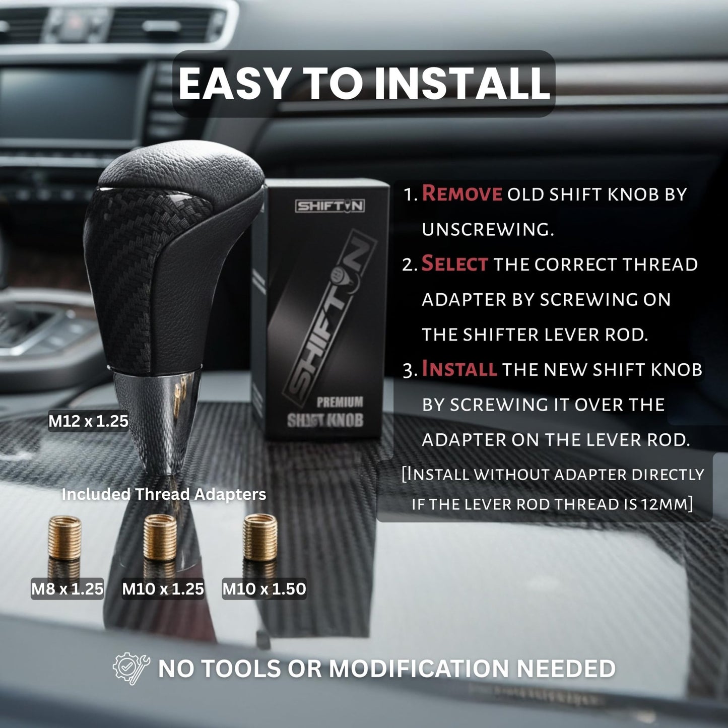 SHIFTIN Universal Gear Shift Knob for Automatic Manual Stick Shifter Cars, with M8 M10 M12 Thread Adapters, Fits Toyota Acura Scion Mazda Subaru Nissan Infiniti - ZBZZ