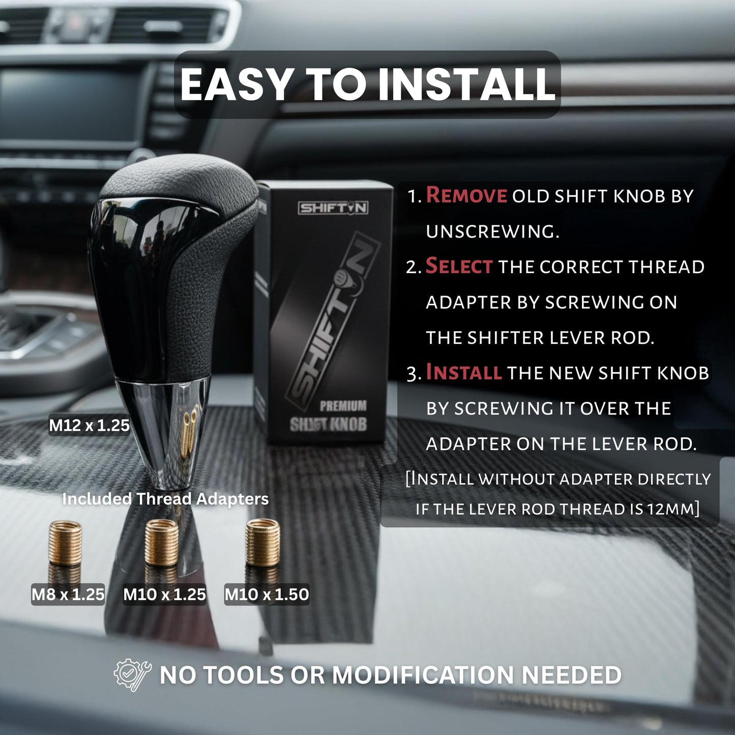SHIFTIN Universal Gear Shift Knob for Automatic Manual Stick Shifter Cars, with M8 M10 M12 Thread Adapters, Fits Toyota Acura Scion Mazda Subaru Nissan Infiniti - ZBPB