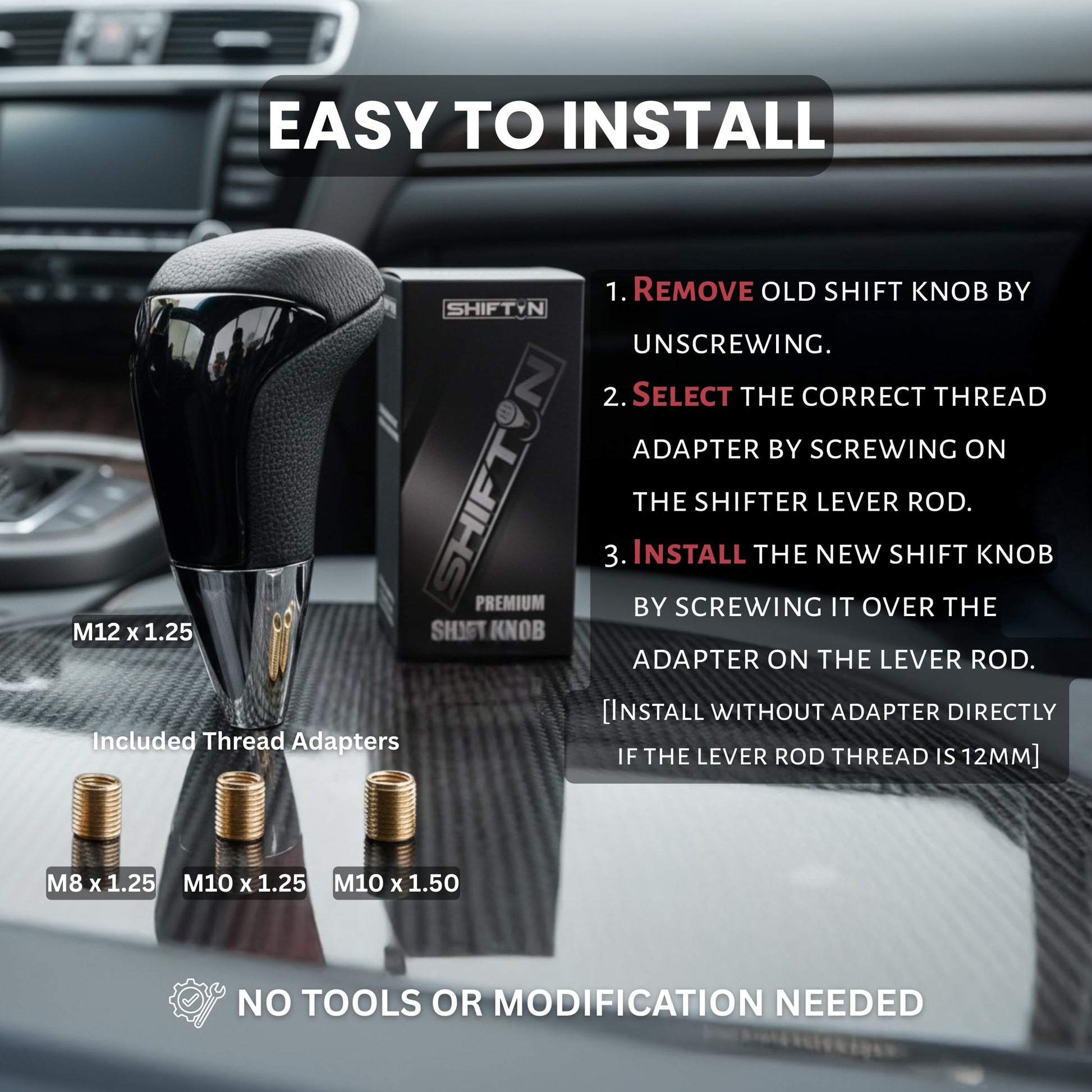 SHIFTIN Universal Gear Shift Knob for Automatic Manual Stick Shifter Cars, with M8 M10 M12 Thread Adapters, Fits Toyota Acura Scion Mazda Subaru Nissan Infiniti - ZBPB