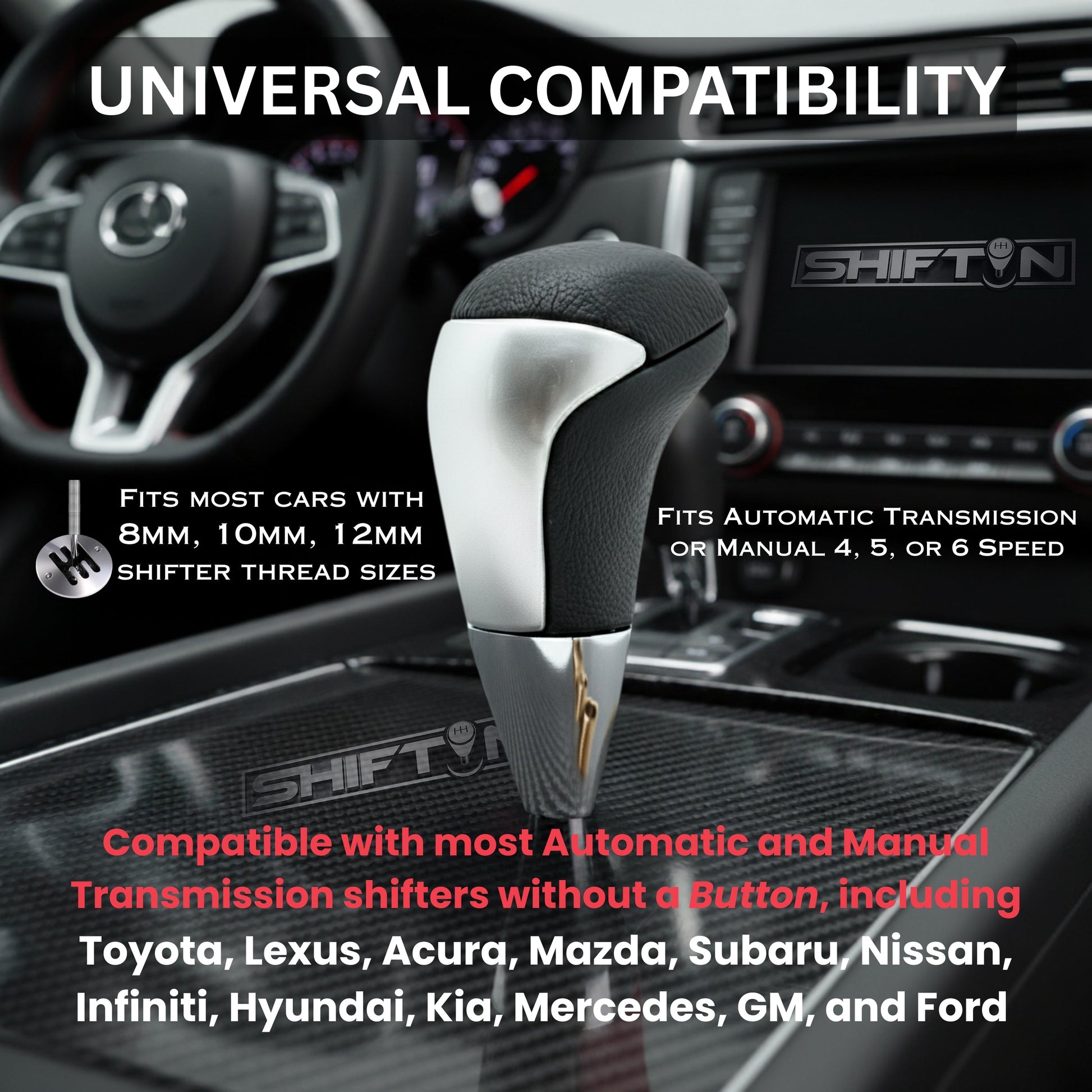 SHIFTIN Universal Gear Shift Knob for Automatic Manual Stick Shifter Cars, with M8 M10 M12 Thread Adapters, Fits Toyota Acura Scion Mazda Subaru Nissan Infiniti - ZBSL