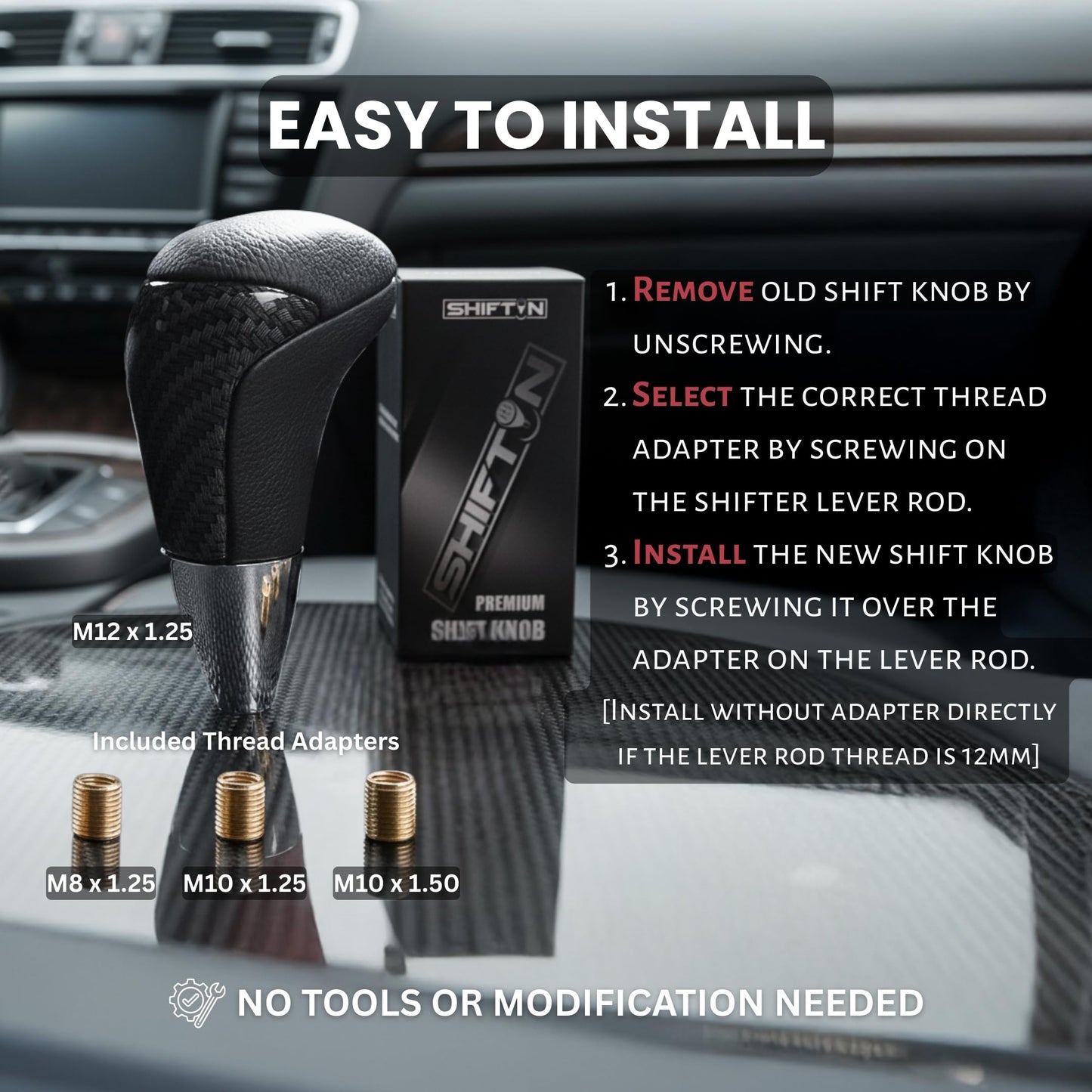 SHIFTIN Universal Gear Shift Knob for Automatic Manual Stick Shifter Cars, with M8 M10 M12 Thread Adapters, Fits Toyota Acura Scion Mazda Subaru Nissan Infiniti - ZBZZ