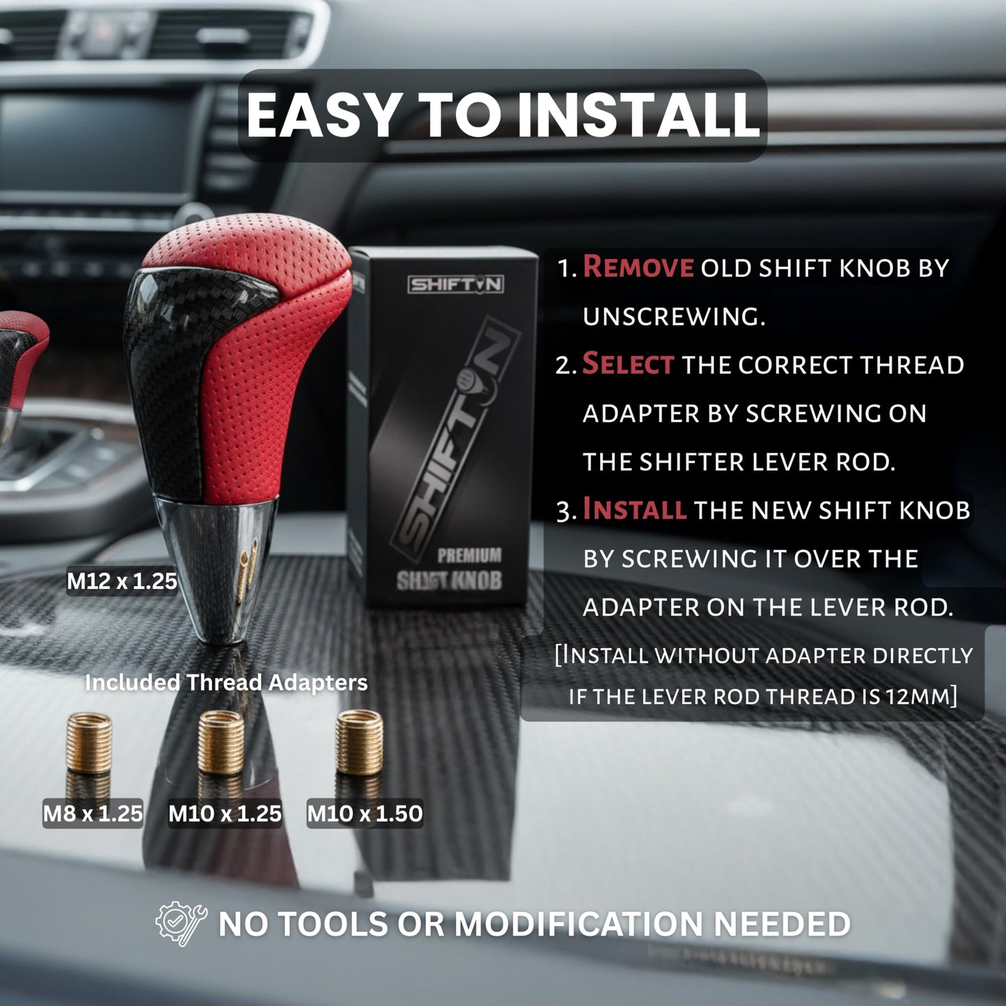 SHIFTIN Universal Gear Shift Knob for Automatic Manual Stick Shifter Cars, with M8 M10 M12 Thread Adapters, Fits Toyota Acura Scion Mazda Subaru Nissan Infiniti - ZRDZ