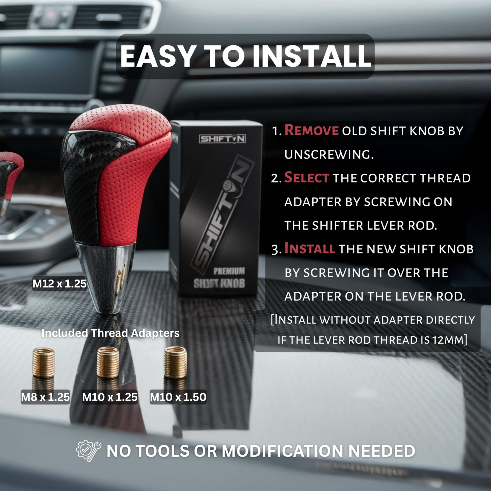 SHIFTIN Universal Gear Shift Knob for Automatic Manual Stick Shifter Cars, with M8 M10 M12 Thread Adapters, Fits Toyota Acura Scion Mazda Subaru Nissan Infiniti - ZRDZ