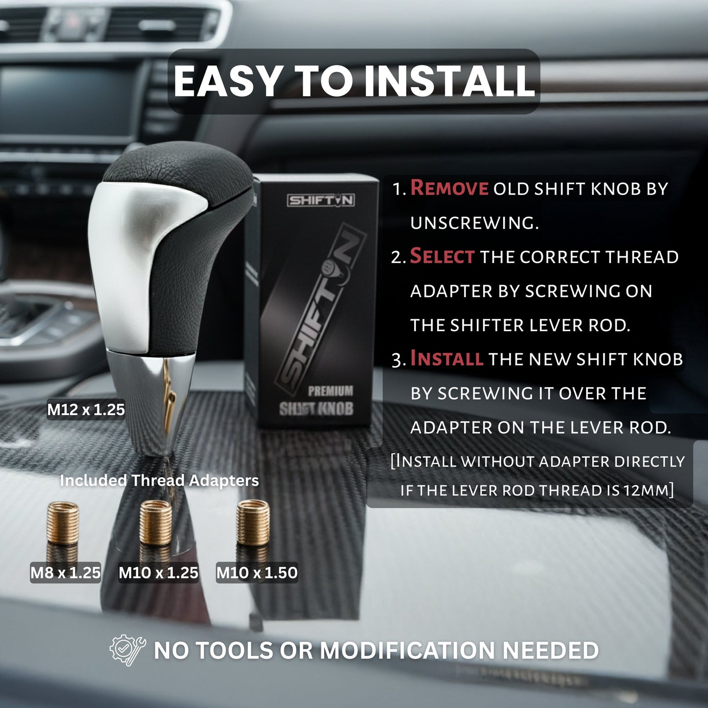 SHIFTIN Universal Gear Shift Knob for Automatic Manual Stick Shifter Cars, with M8 M10 M12 Thread Adapters, Fits Toyota Acura Scion Mazda Subaru Nissan Infiniti - ZBSL