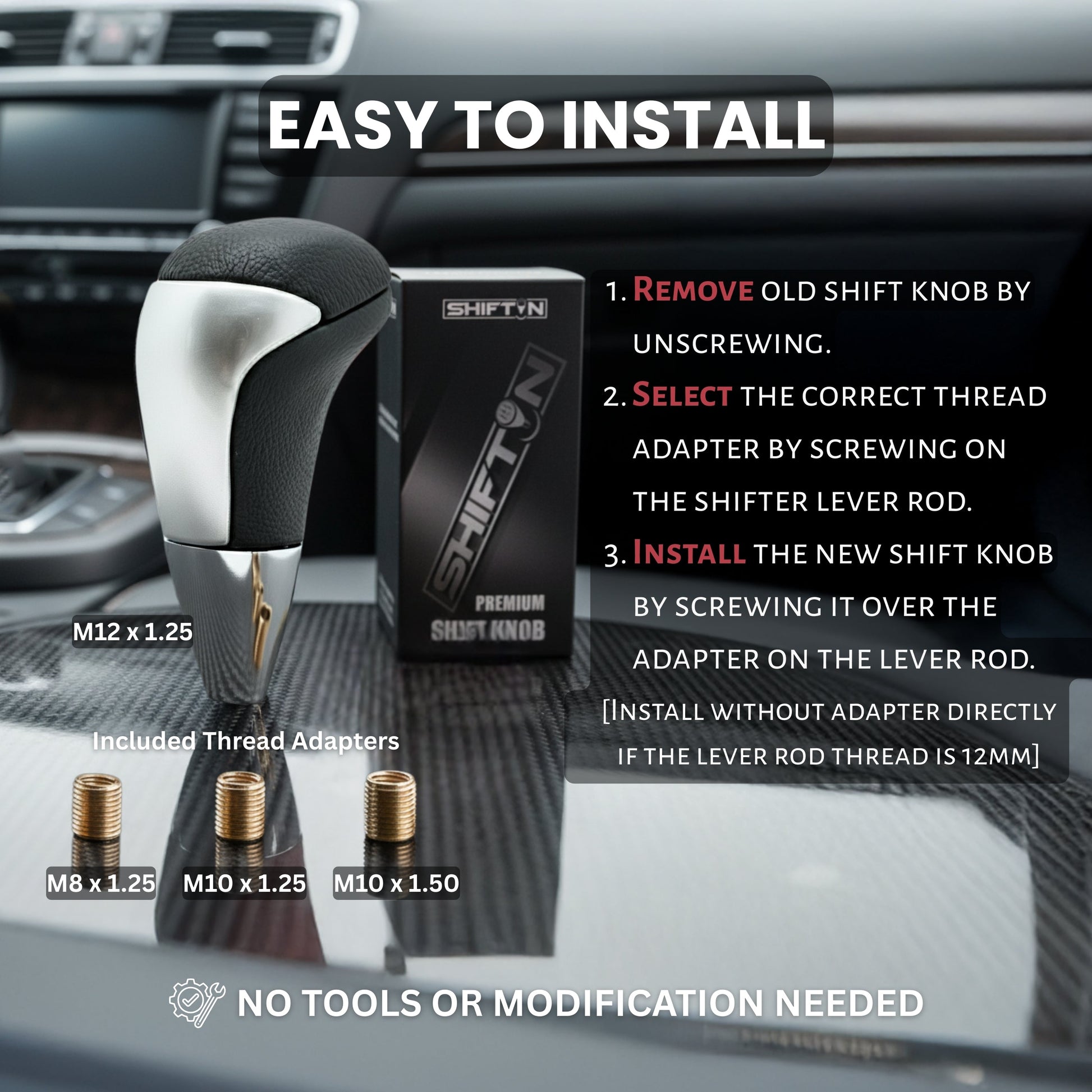 SHIFTIN Universal Gear Shift Knob for Automatic Manual Stick Shifter Cars, with M8 M10 M12 Thread Adapters, Fits Toyota Acura Scion Mazda Subaru Nissan Infiniti - ZBSL