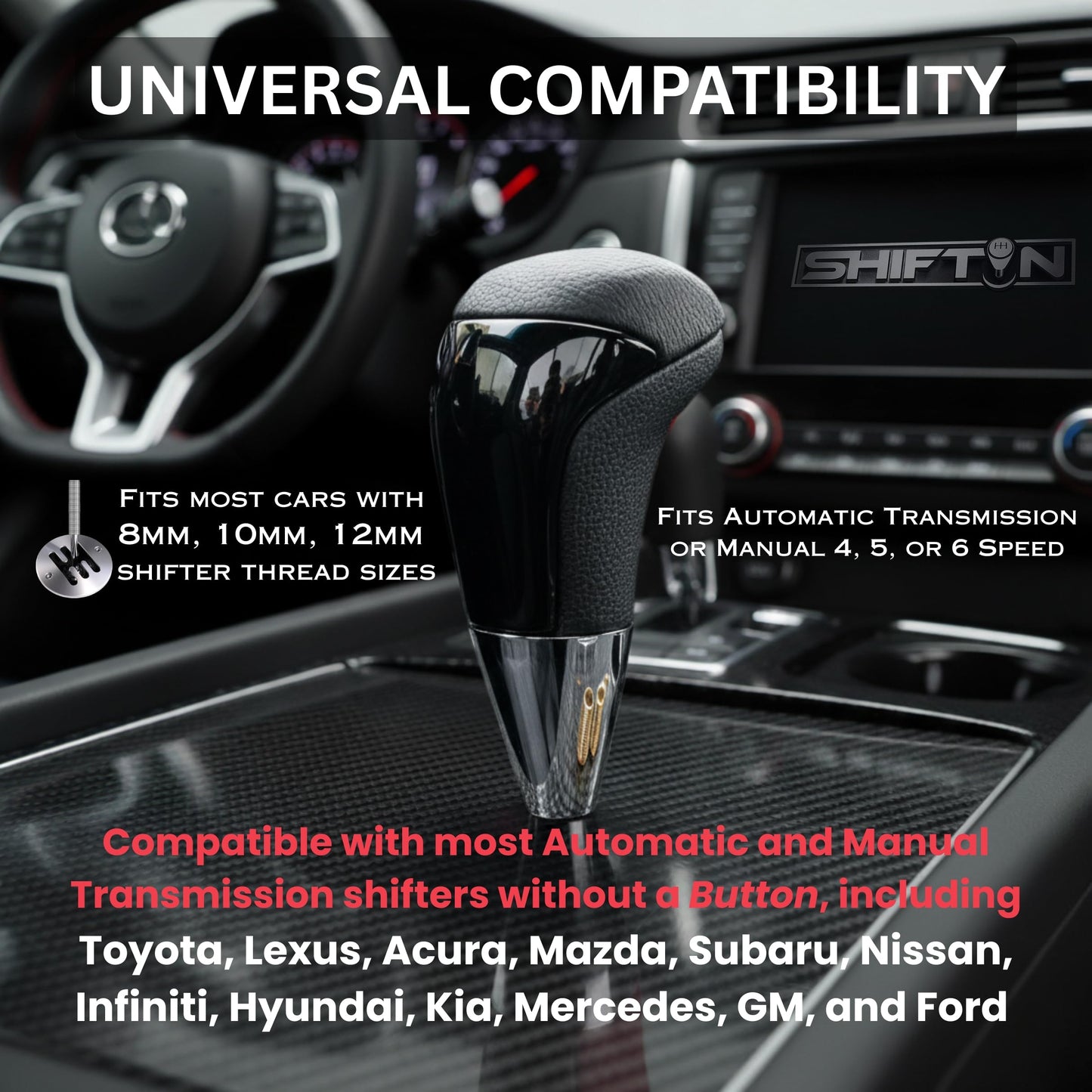 SHIFTIN Universal Gear Shift Knob for Automatic Manual Stick Shifter Cars, with M8 M10 M12 Thread Adapters, Fits Toyota Acura Scion Mazda Subaru Nissan Infiniti - ZBPB