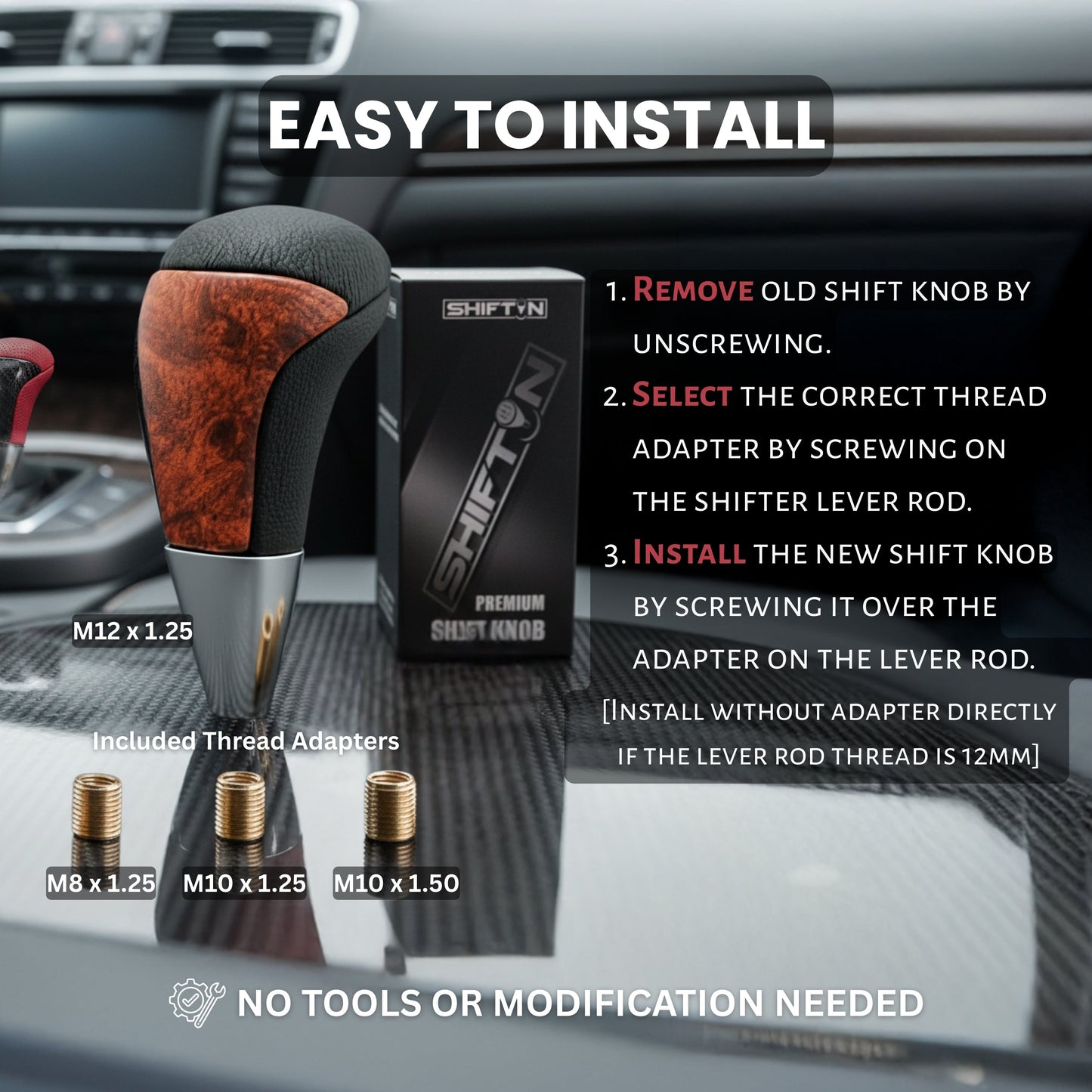 SHIFTIN Universal Gear Shift Knob for Automatic Manual Stick Shifter Cars, with M8 M10 M12 Thread Adapters, Fits Toyota Acura Scion Mazda Subaru Nissan Infiniti - ZBWL