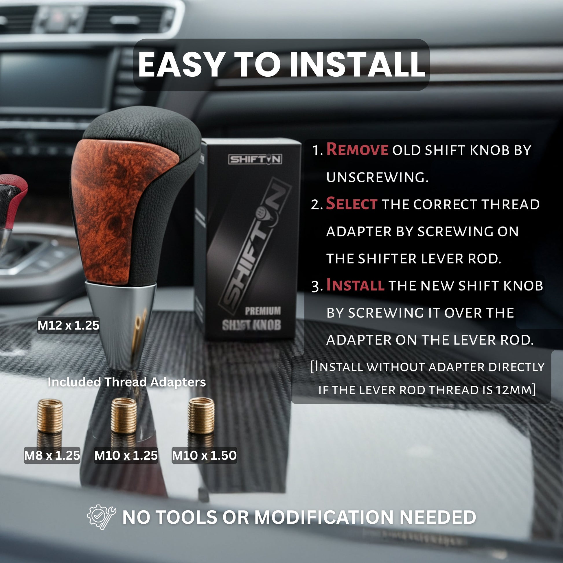 SHIFTIN Universal Gear Shift Knob for Automatic Manual Stick Shifter Cars, with M8 M10 M12 Thread Adapters, Fits Toyota Acura Scion Mazda Subaru Nissan Infiniti - ZBWL
