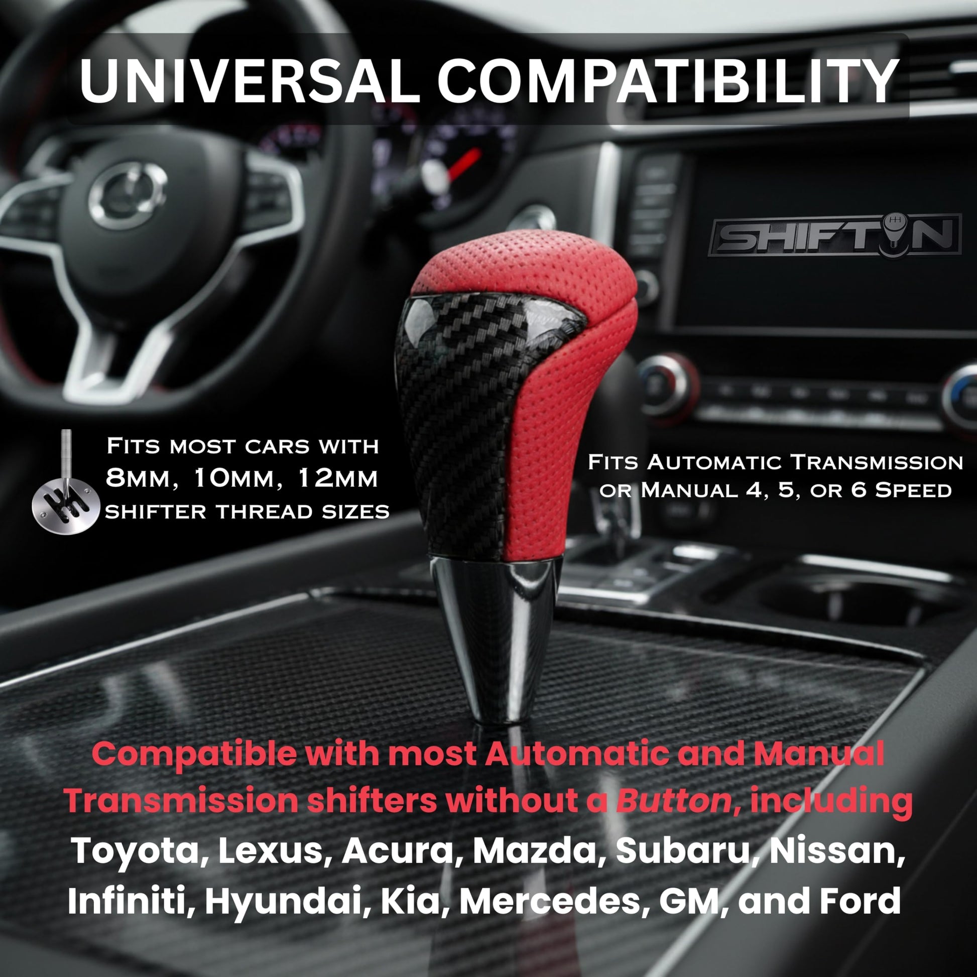 SHIFTIN Universal Gear Shift Knob for Automatic Manual Stick Shifter Cars, with M8 M10 M12 Thread Adapters, Fits Toyota Acura Scion Mazda Subaru Nissan Infiniti - ZRDZ