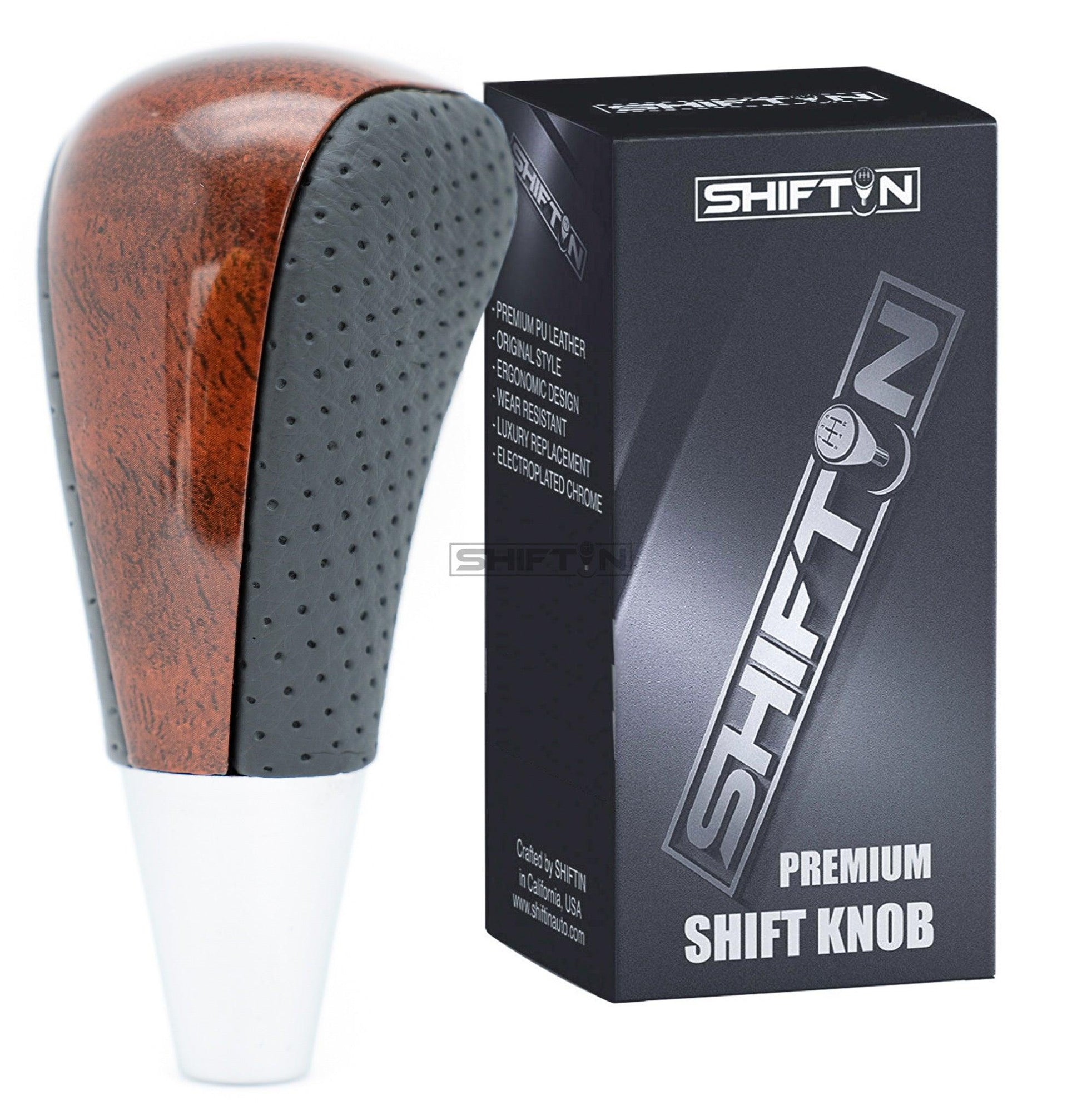 SHIFTIN-Gear-Shift-Knob-for-Toyota-Avalon-Tacoma-Sienna-Camry-Rav4-Corolla-Venza-and-Lexus-ES350-GS460-LS600h-LX470-RX400h-SC300-Scion-xD-Punched-Gray-Leather-Walnut-Wood